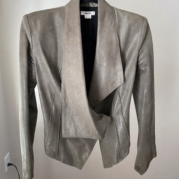 Helmut Lang Leather Moto Jacket Army Green Coat Jacket w/hook  S - Picture 3 of 9